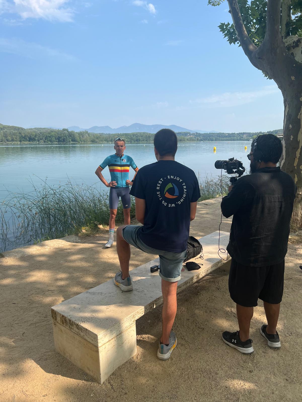 Oriol Nogueras during a cycling filming session by the lake